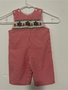 Red Gingham Smocked Kids Overalls with Pumpkin Embroidery